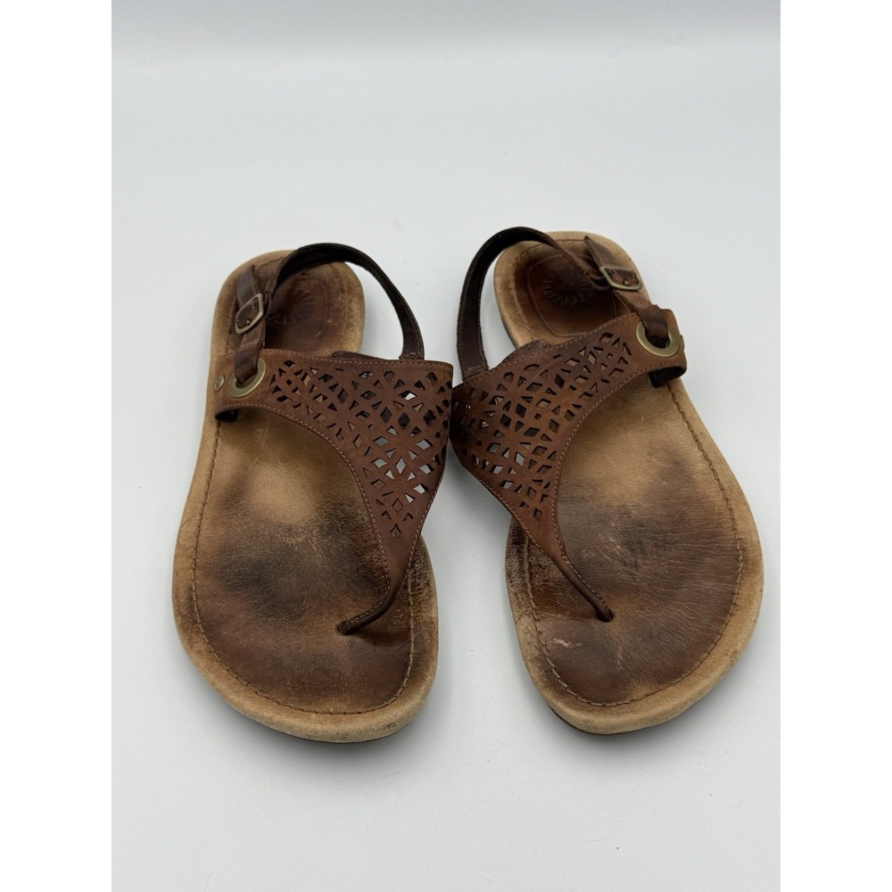 UGG Brown Leather Laser Cut Size 8 Slingback Thong Sandals Pre Loved Women's